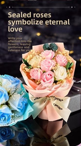 Detail showing soap rose bouquet in matte wrapping with printed for you ribbon