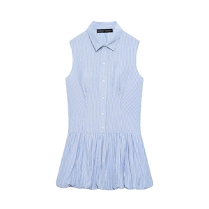 Abito Mini Senza Maniche Righe Blu Bianco Colletto Bottoni Orlo A Bolla Vita Alta Estate Donna
