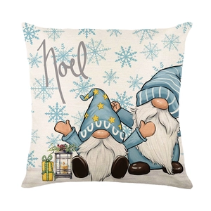 Linen Christmas pillow case featuring Noel gnomes and snowflakes on a white background