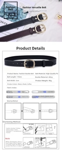 Detail view of 110cm PU leather belts with alloy buckles in black and khaki colors