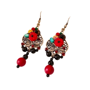 Vintage bronze dragonfly earrings with red floral resin carving and colorful beads