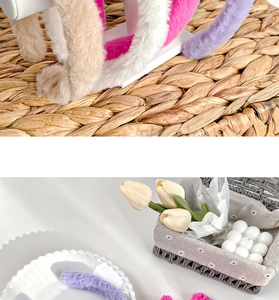 Detailed plush headbands in soft brown, pink-white, and purple on a woven mat