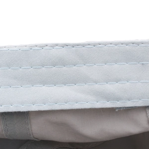 Macro detail of the reinforced parallel stitching on a light blue sun hat visor