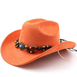 Close-up of orange faux suede cowboy hat with ethnic beaded band and turquoise stone