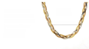 Detail showing 18k vacuum plated tricolor titanium steel snake chain with 6mm width specs