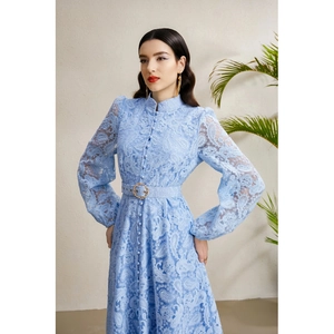 Pale blue lace dress with standing collar, lantern sleeves and waist belt for 2025 autumn