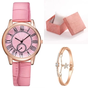 Reloj de mujer rosa con correa de cuero, pulsera de estrella oro rosa y estuche