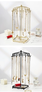 Rotating metal jewelry stand with 18 hooks and square acrylic base in gold and black
