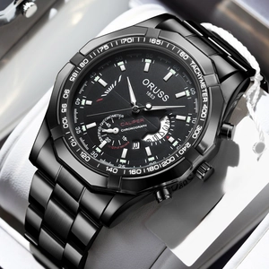 Detailed macro view of black stainless steel case and tachymeter bezel for men's chronograph