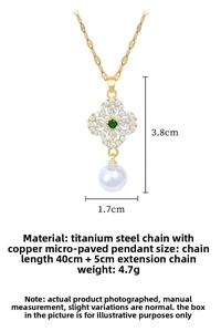 Detailed size specifications for gold flower necklace with green gem and white pearl
