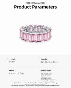 Macro detail of S925 silver ring featuring 5A emerald-cut pink zircon and ring parameters
