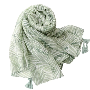 Bohemian style blue banana leaf print scarf with tassels made of breathable voile fabric