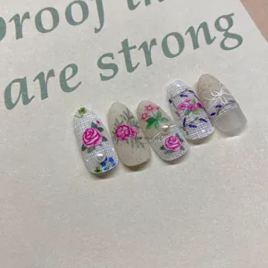 5pcs set of floral embroidery nail stickers with pink roses and lace textures