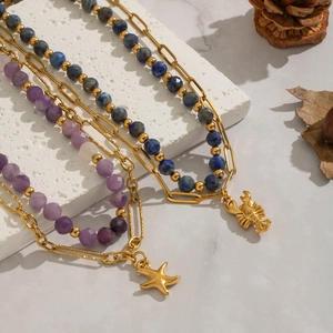 French vintage double-layered necklace with natural lapis lazuli and amethyst beads