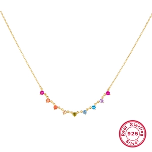 925 Sterling Silver Rainbow Rhinestone Necklace For Women Gold Silver Plated Colorful Geometric Circle Clavicle Chain Jewelry