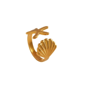 Bague ouverte étoile de mer et coquillage doré en acier pour un style nautique