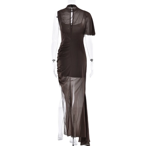 Detail of dark brown mesh maxi dress featuring side ruching and asymmetric hemline