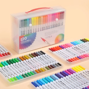 Détail du set de 120 marqueurs aquarelle à double tête dans une boîte en plastique