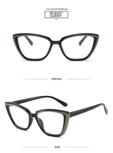 Front and side view of square cat-eye glasses frames in black and curry TR material