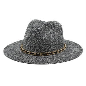 Unisex woven flat top boater straw hat with gold chain band and monochrome texture