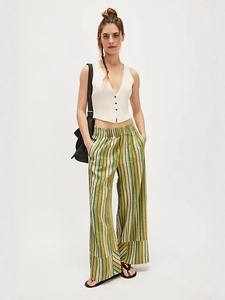 Pantalon Large Rayé Femme Taille Haute Décontracté Taille Élastique Bohème Vacances Polyester Élasthanne