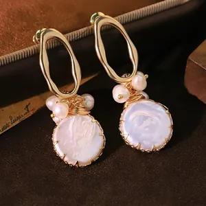 Vintage Baroque Natural Artificial Pearl Drop Earrings For Women With 925 Sterling Silver Earring Post Elegant Matte Gold