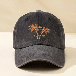 Detailed embroidery of palm trees and Summer text on washed charcoal cotton baseball cap