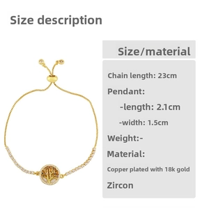 Detail of tree of life charm with colorful zircons and 23cm adjustable box chain