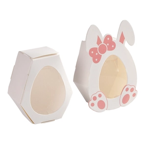 Easter bunny candy box with egg window and pink star pattern on white cardboard