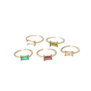 Set of five adjustable gold rings featuring colorful square zircon stones on white background