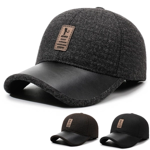 Men Winter Baseball Cap Warm Wool PU Leather Patchwork With Ear Flaps Windproof Outdoor Casual Adjustable Dad Hat