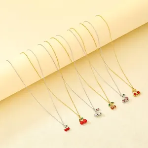 Stainless Steel Cherry Fruit Pendant Necklace For Women Cute Dainty Enamel Zircon Jewelry