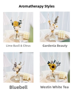 Close-up of reed diffuser with eternal flowers in four different scents in glass bottles