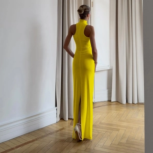 Vista posteriore del vestito lungo giallo vivace con allacciatura al collo e vestibilità slim