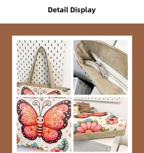 Detailed views of ethnic print tote bag showing zipper, handles and butterfly pattern