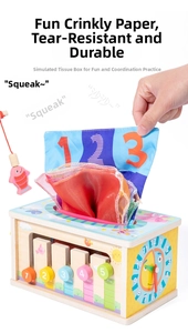 Detail showing sensory tissue box toy with wooden clock and colorful crinkle fabric