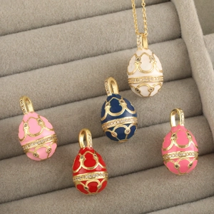 Faberge-style enamel egg pendants with 18K gold plating and cubic zirconia inlay
