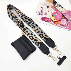 Adjustable leopard print strap with detachable black leather zip pouch and gold hardware
