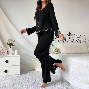 Women Pajama Top And Pants Polyester Elastane Lettuce Trim Wavy Edge Bow Detail Button Down Loungewear Casual Sweet