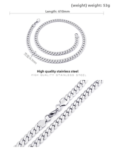 Detail of 8.5mm wide stainless steel curb chain necklace with length and weight specs