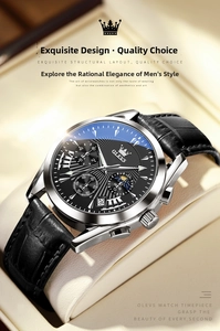 Close-up of OLEVS men's chronograph watch with black leather strap and textured dial