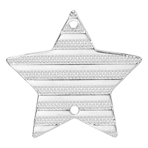 Macro shot of silver star pendant with horizontal textured stripes and dual eyelets