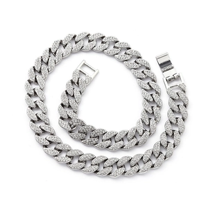 Professional 15mm silver cuban link chain necklace with sparkling clear rhinestones on white