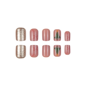 Short square press-on nails with Christmas snowflake and tree designs in pink and silver