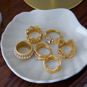 6pcs gold stainless steel zircon ring set with pearls and lace hollow crown designs