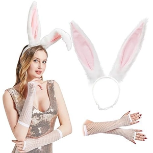Close-up of bunny ear headband with pink plush and white mesh fingerless gloves