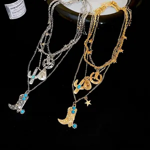 Western cowboy multilayer necklace with silver hat, cactus and blue turquoise boot pendants