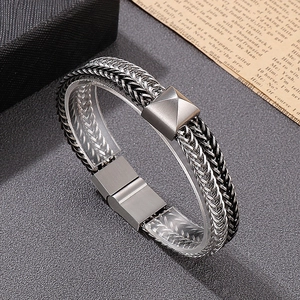 Detail of two-tone stainless steel dragon bone chain bracelet with magnetic clasp