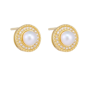 Elegant vintage sterling silver stud earrings with natural freshwater pearls and zircons