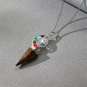 Silver tree of life necklace with seven chakra stones and tiger eye stone cone pendant
